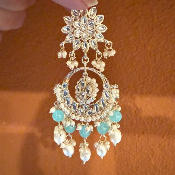 Indian ethnic Silver Gold and Aqua Floral Chandelier Earrings - Picture 3 of 6